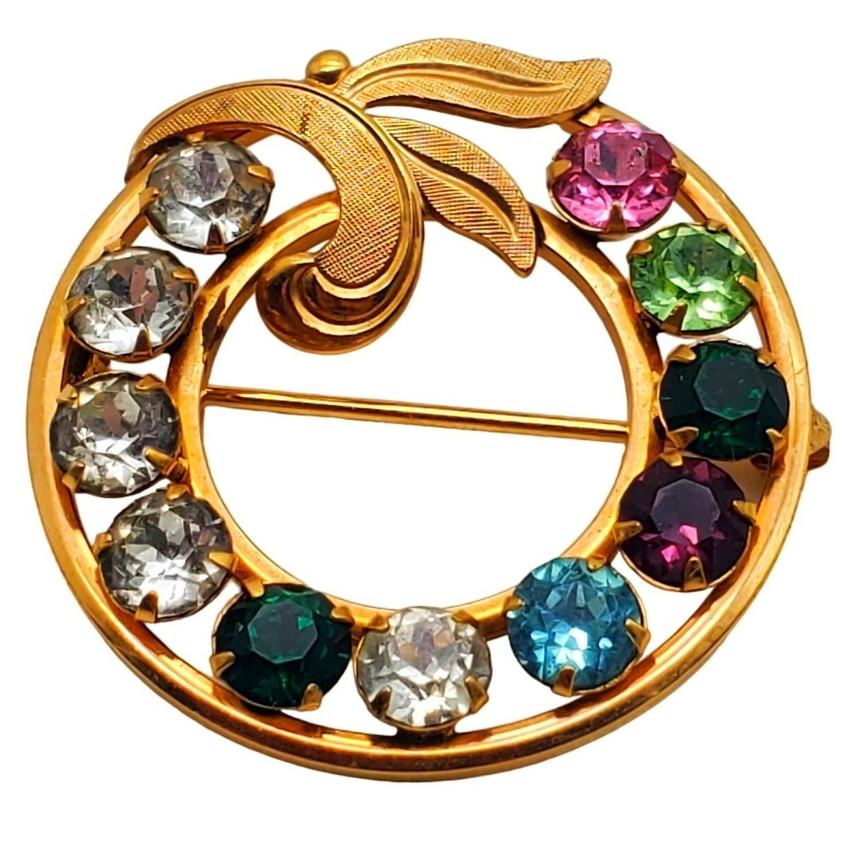 Van Dell Rhinestone Brooch Circle Round Gold Filled 1/20 12k Pin Wreath Vintage